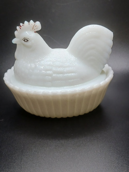 Glass, White Rooster on Nest